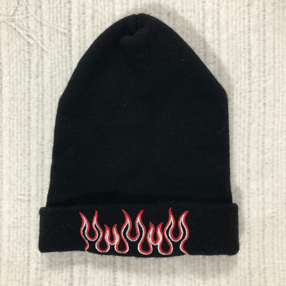 Black Flame Embroidered Beanie Hat USA Made Acrylic Knit Cap